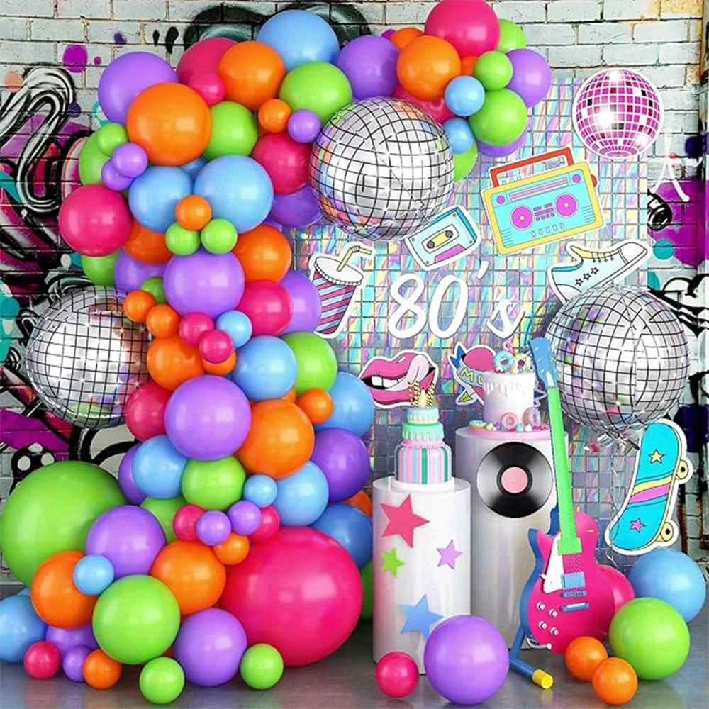 80 Stück 80er Jahre Ballon-Girlandenbogen-Set mit Musikmotiv, Gitarren-Disco-Ball, Musiknote, Mikrofon-Luftballons, 90er-Jahre-Disco-Geburtstagsfeier
