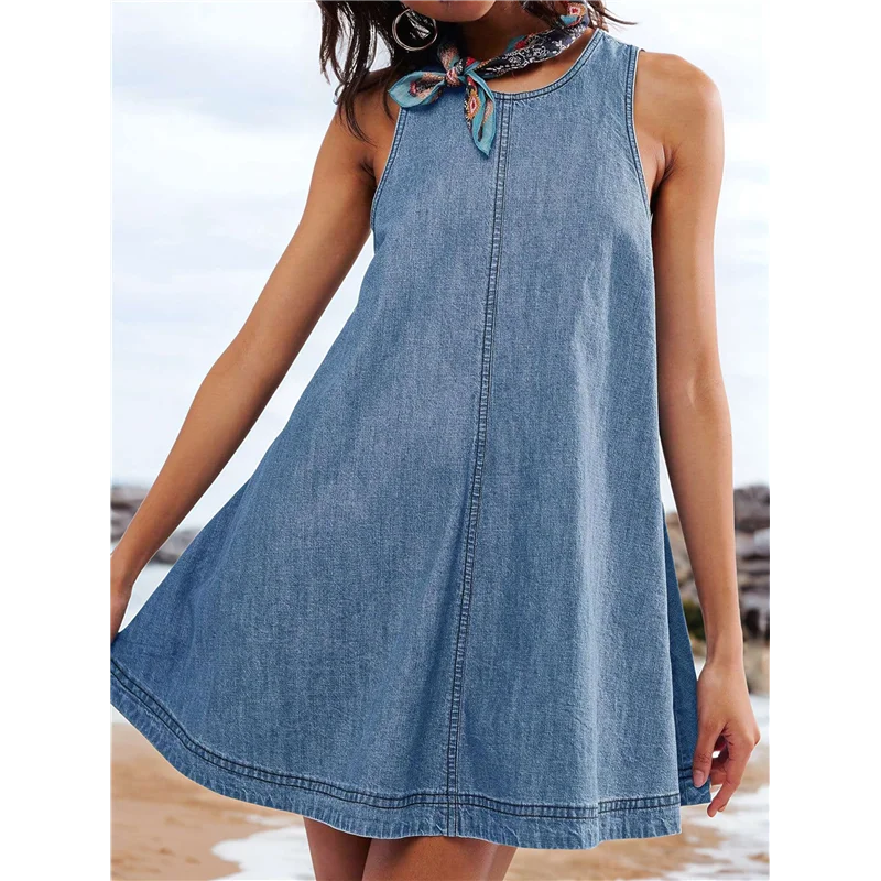 【Decorazione per feste】 Mini abito babydoll in denim senza maniche da donna Abito estivo casual con ritaglio sul retro Abito jeans fluido a trapezio con tasche