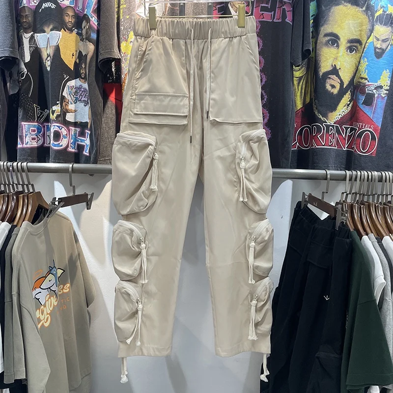 

American High Street Multi-ket Work Pants Loose Fit Casual Straight Leg Trousers Breathable Cotton Pure Color Youthful Ene...