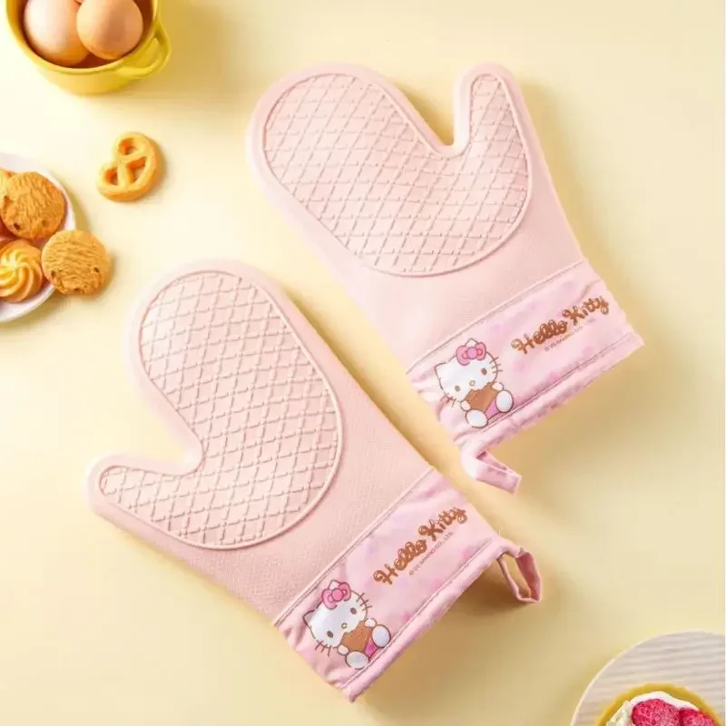 Miniso Hello Kitty Cinnamoroll My Melody Kuromi Cartoon Cute Genuine Silicone Thickened Insulated Oven Baking Gloves Kitchenware