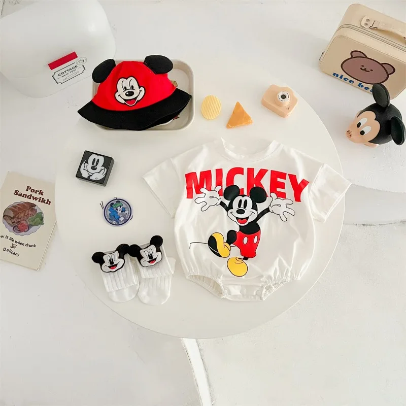 Summer Newborn Bodysuit Sock Hat 3pcs Set Cartoon Mickey Mouse Boys Girls Jumpsuit Infant Costume Short Sleeve Clothing K6182