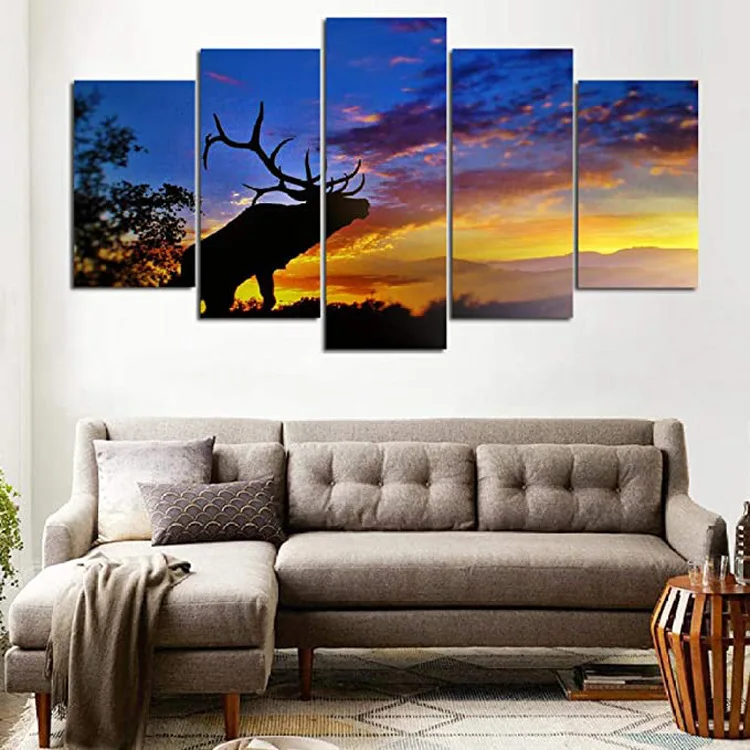 

100CM high-definition decorative painting with frame, printed poster, 5-pack dusk elk home decoration mural