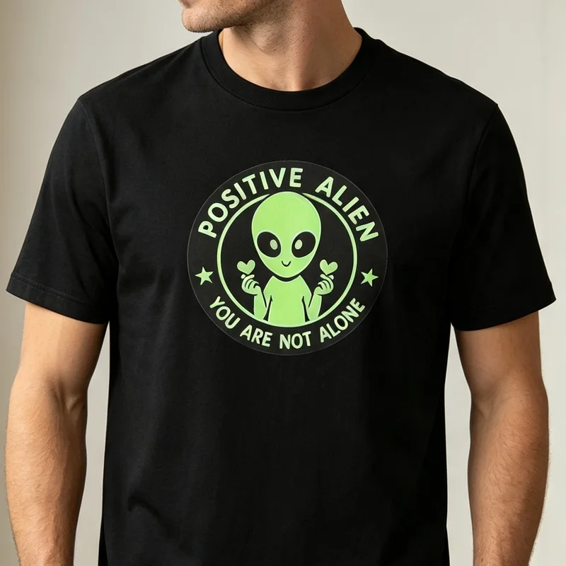 Positive Alien UFO Space Graphic T Shirt Funny SciFi Cotton Tee Unisex Streetwear Casual Daily Men Women Extraterrestrial Fans