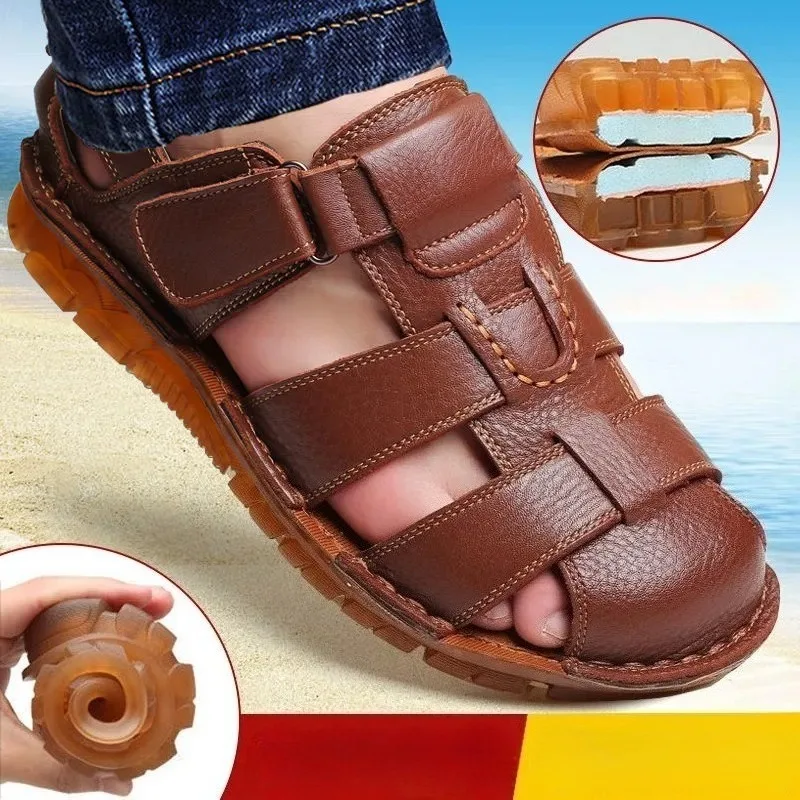 Männer Sandalen Weiche Echtes Leder Handgemachte Zehenkappe Sandalen Outdoor Anti Slip Atmungsaktive Strand Schuhe Neue Plus Größe Mann Turnschuhe
