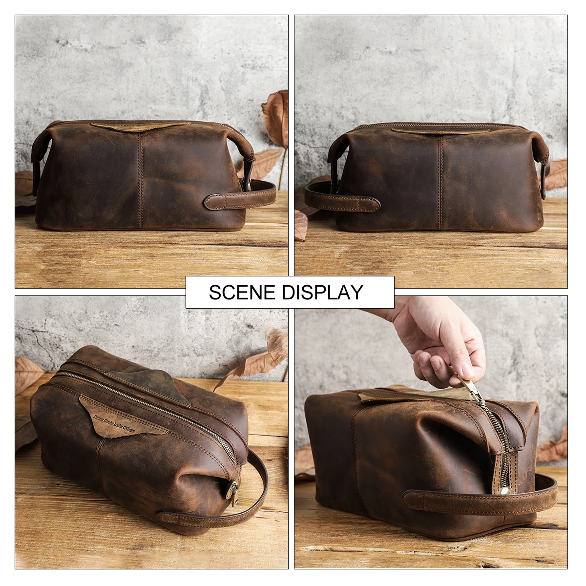 CONTACT'S Men Hanging Cosmetic Bag Crazy Horse Leather Travel Makeup Case Zipper Organizer Storage Pouch Vintage Toiletry Bags