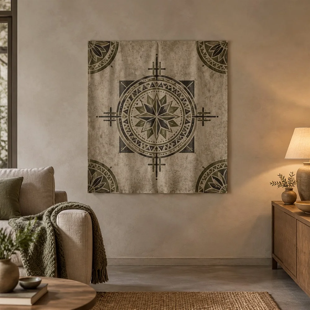 VIKAMA Ceramic Carved Pattern Corner Motif Tapestry Wall Hanging, Wabi Sabi Wall Decor Tapestries for Bedroom Nursery Kids Room