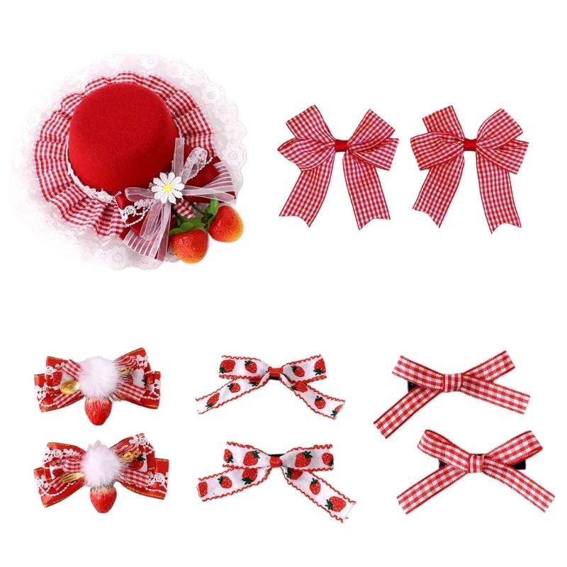 Strawberry Bow Plaids Balletcore Mini Bowler Hat Hair Clip Mini Top Hat Bow Plaids Hair Clip Strawberry