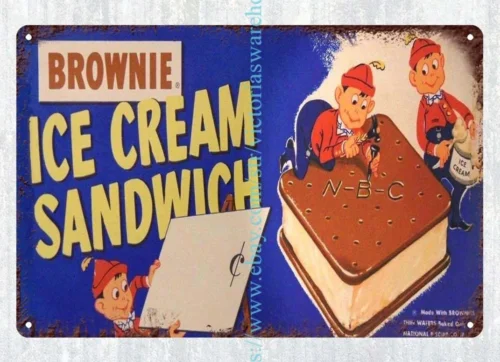 Placas de decoración de pared, señal de hojalata de metal, sándwich de helado de Brownie, elfos lindos, 1950s