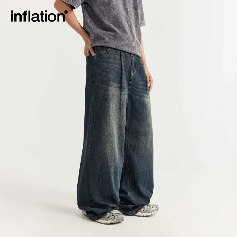 INFLATION High Street Wide Leg Jeans Men Washed Baggy  Denim Trousers