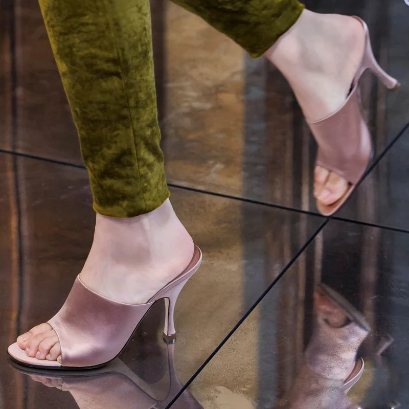 

Satin Open Toe Slip On Stiletto Slippers Woman Summer 2026 Mule Heels Sandals Elegant Party Dress Slide Heels for Women