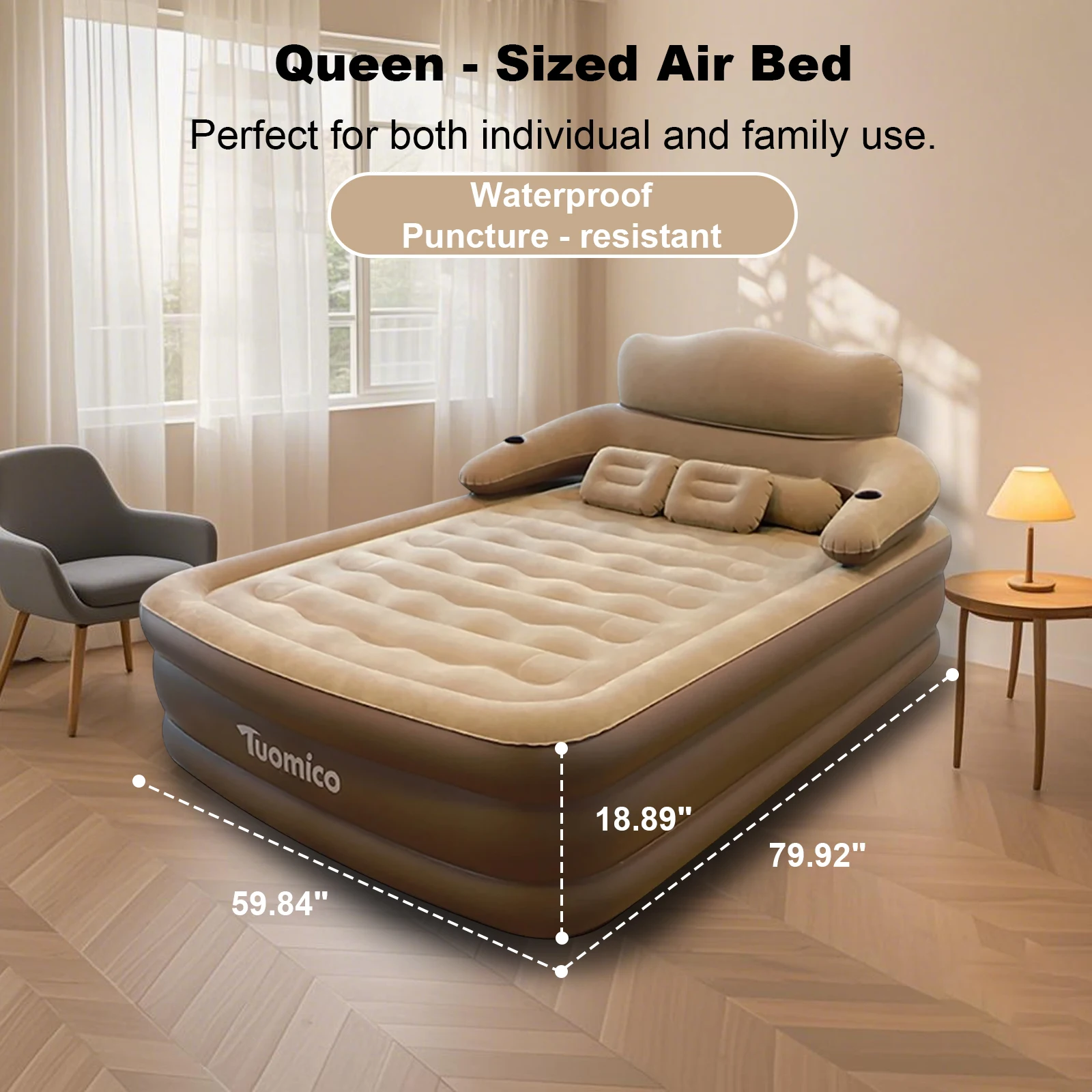 سرير هوائي للتخييم مع مسند ظهر للتخييم قابل للطي للمنزل داخلي وخارجي لشخصين مرتبة قابلة للنفخ وسادة هوائية سرير مرتفع 48 سم