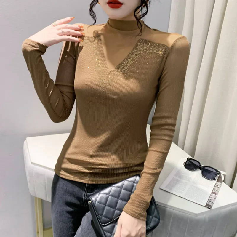 #8350 Black Khaki Spliced Mesh  Perspective Turtlneck T Shirt For Women Diamonds Sexy Long Sleeve Women's T-shirt Korean Fashion