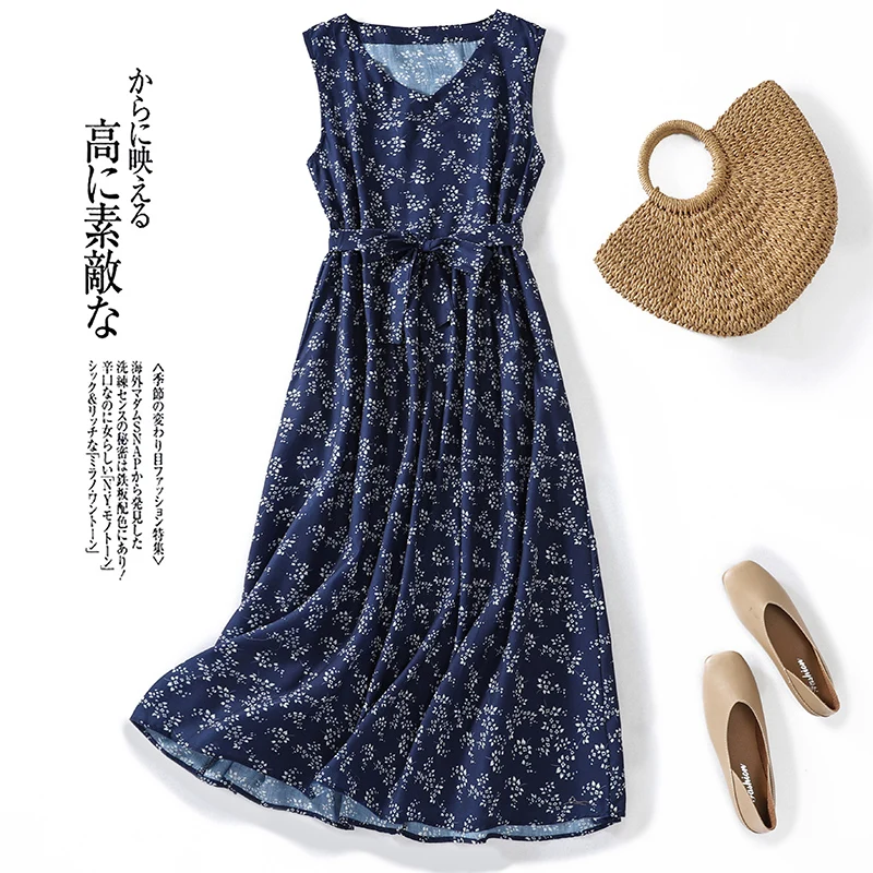 Blue Floral Cotton Summer Dr Women's plus Size Svel Thin Long Dr V-ne Loose Waist A-line Skirt Commute Sle