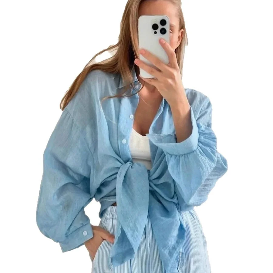 Protector solar v-ne largo Sve suelto algodón irt para mujeres coreano Sle Color puro Pol Collar Sved irt oulder Pad incluido