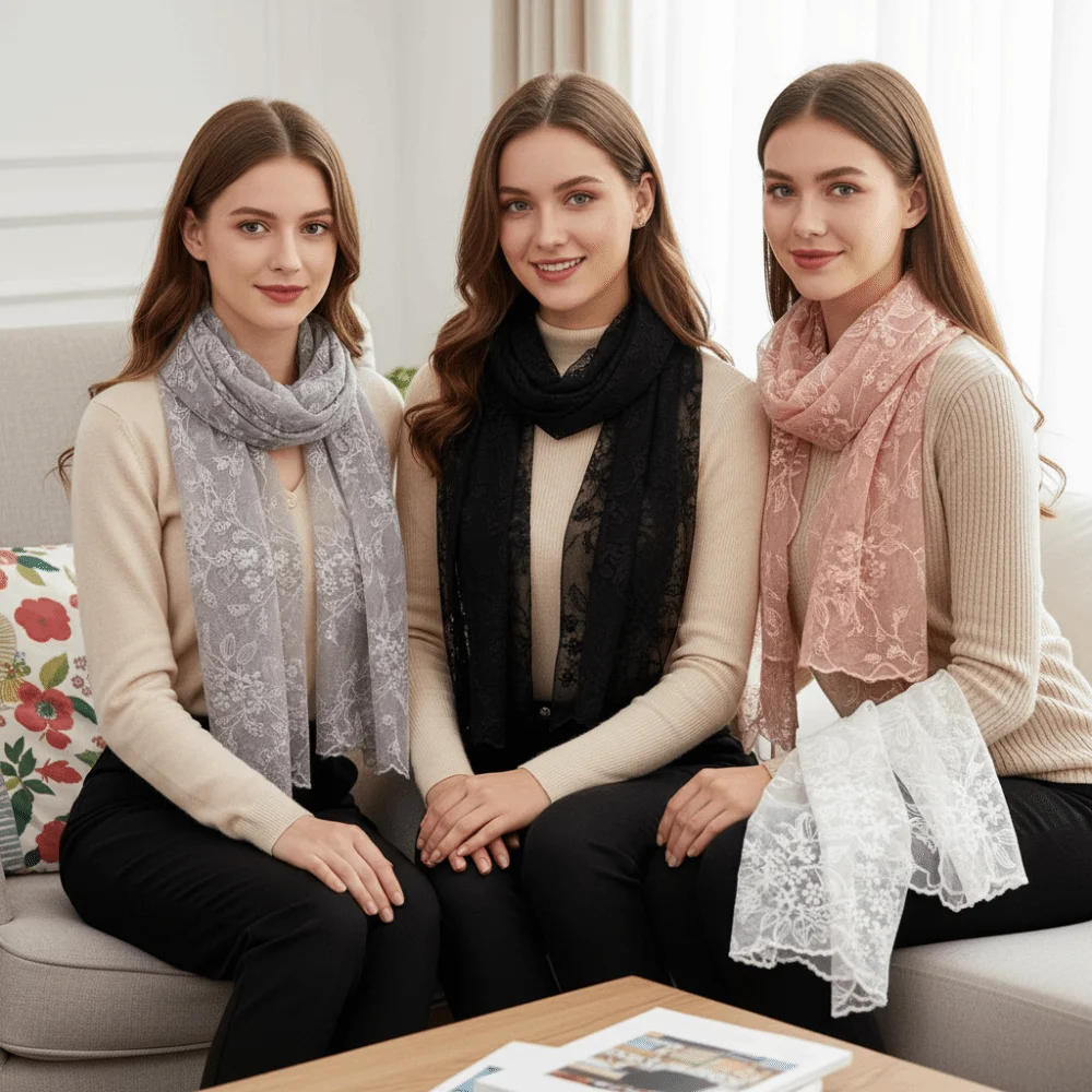 

Повседневный шарф с вышивкой и кружевом, легкий дышащий сетчатый солнцезащитный палантин, длинный шелковый шарф для женщин