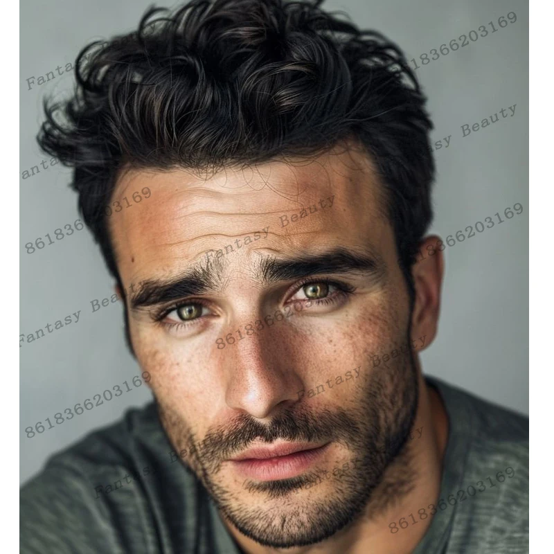 Natural Hairline Men's Toupee Dark Brown Gray Black Undetectable Poly Skin Base Man 100% Human Hair Wigs Replacement Long Last - view 5