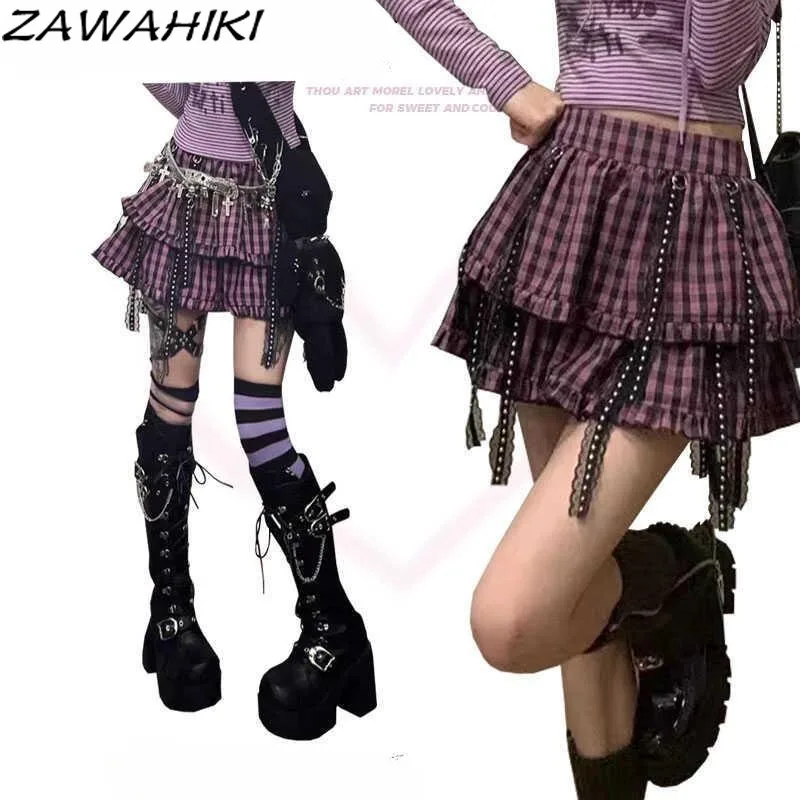 Y2K Women's Skirts Harajuku Japanese Purple Plaid Mujer Faldas Punk Patchwork Pleated Falda for Female Fashion Designer Skirt