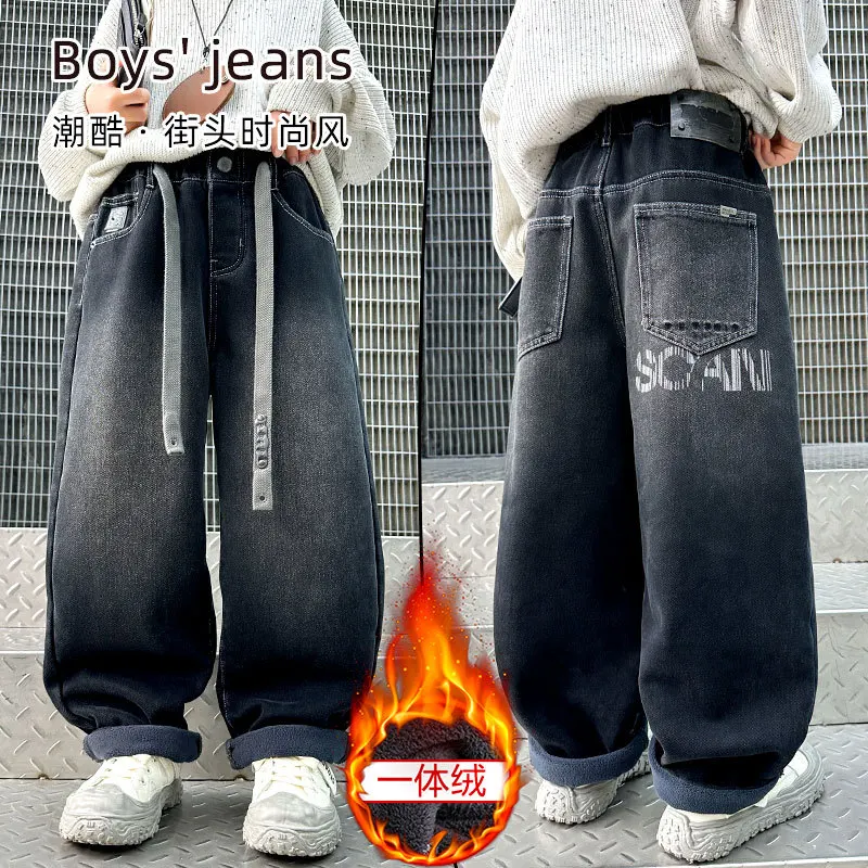 Retro Gradient Winter Warm Jeans For Teens Boy Classic Thickened Insulated Denim Pants Child Thermal Jeans Trousers For Kids