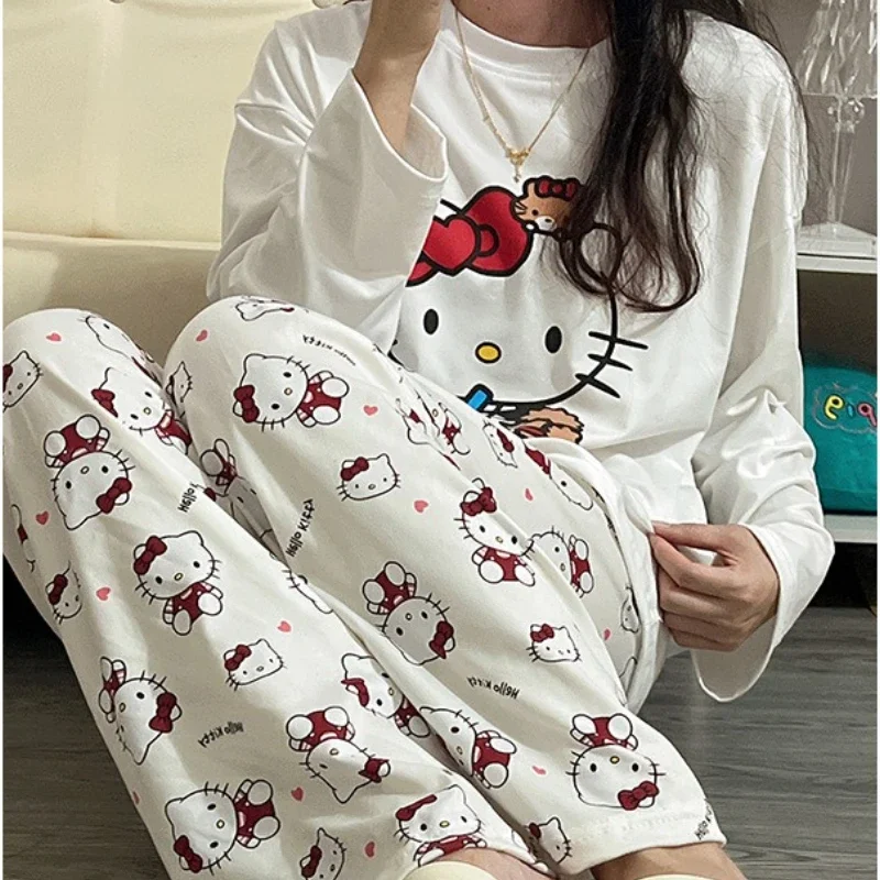 Anime Sanrio Hollo Kitty Cartoon Printed Long Sleeve Pants Set Loose Casual Women Homewear Pajamas T-shirt Pants Two-piece Suit