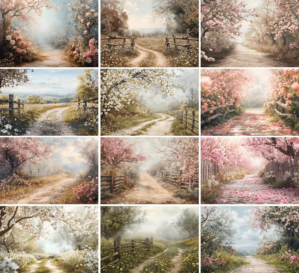 Mehofond-Fondo de fotografía para niños, pintura al óleo de primavera, pueblo, camino, fiesta de cumpleaños, flor, hierba, árbol, decoración de fondo, zona de fotos