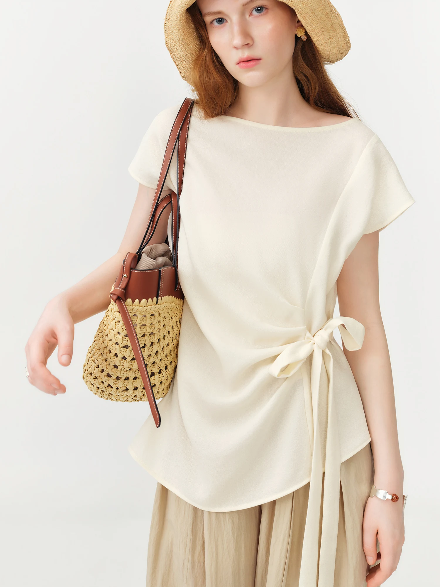 FSLE 2026 Summer Women‘s Slash Neck Tie-Waist Polka Dot Short Sleeves Blouse Front-Knot Shirt French Office Chic Coquette Style view 5