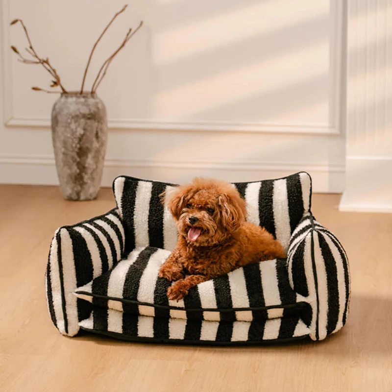 Luxury Dog Sofa Bed Striped Lambswool Double Layer Dog Bed Cat Beds Cat Sofa Dog Products