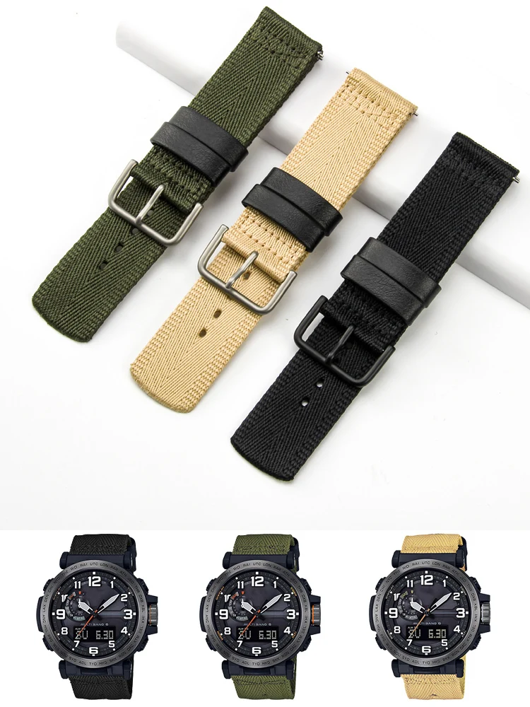 For Casio PRG-600YB PRW-6600 PRG-650 Army Green Men\'s Soft Comfortable Canvas Nylon Watchband 24mm