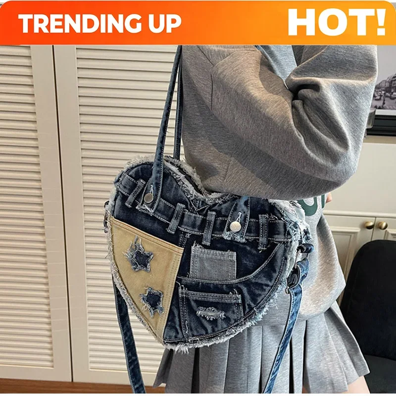 Fashionable Denim Canvas Bag Creative Design Heart-shaped Contrasting Star Pattern Denim Bag New Retro Casual Crossbody Hole Bag