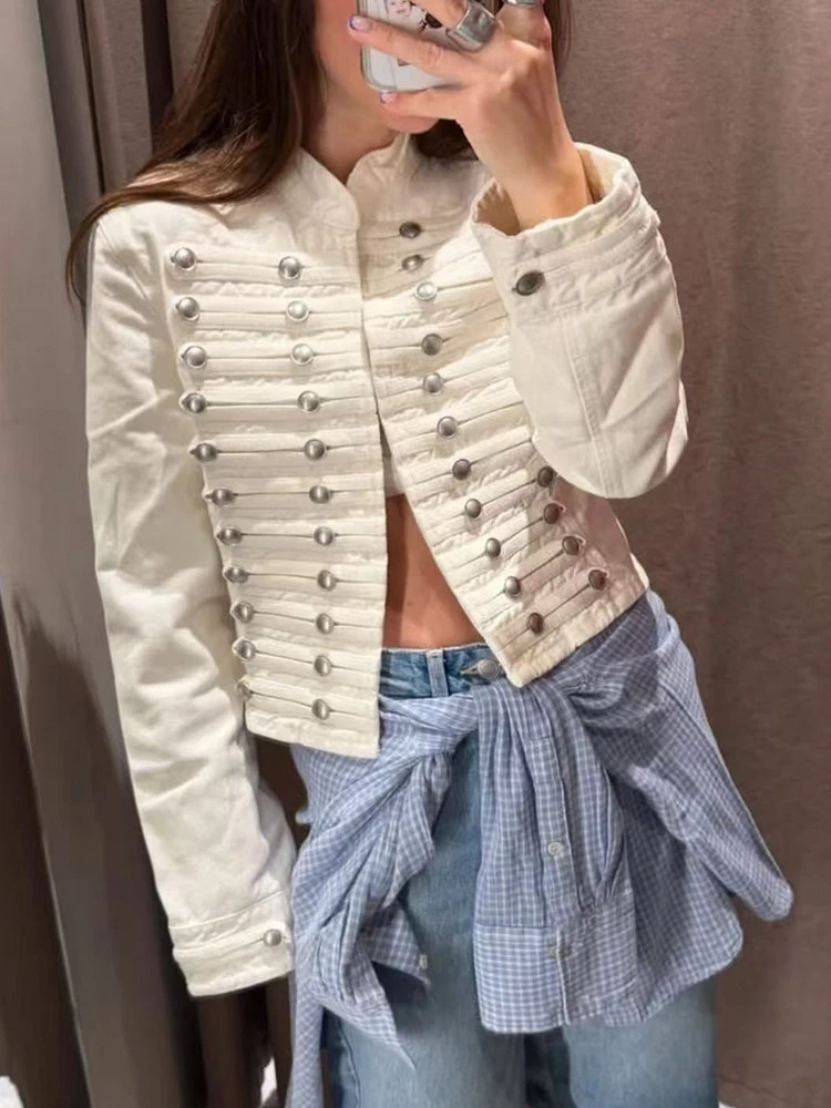 TFMLN Women's Cropped Denim Jacket Chic Front Button Decoration Stand Collar Streetwear Spring Autumn Slim Fashion Short Coats