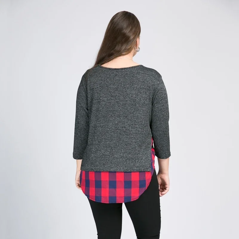 Plus Size Spring Autumn Casual Blouse Women 3/4 Sleeve Dark Grey 2 in 1 Tops Red And Blue Checked Large Size Sweatshirts 6XL 7XL