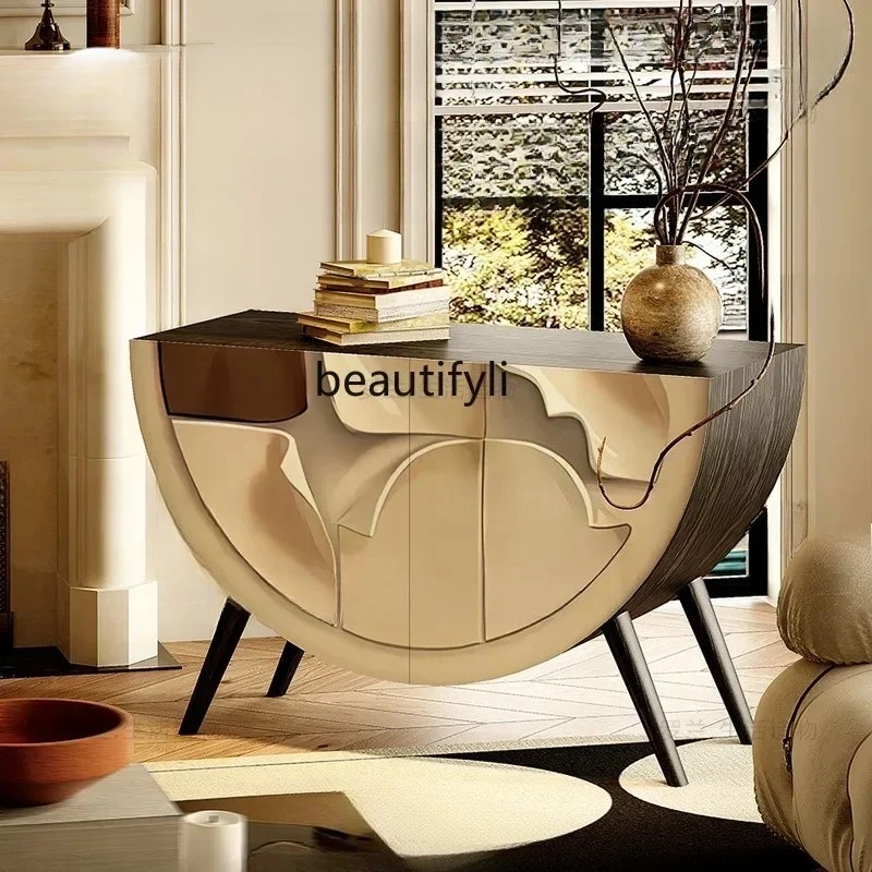 New French light luxury high-end round solid wood dining side cabinet household living room decoration vertical cabinet