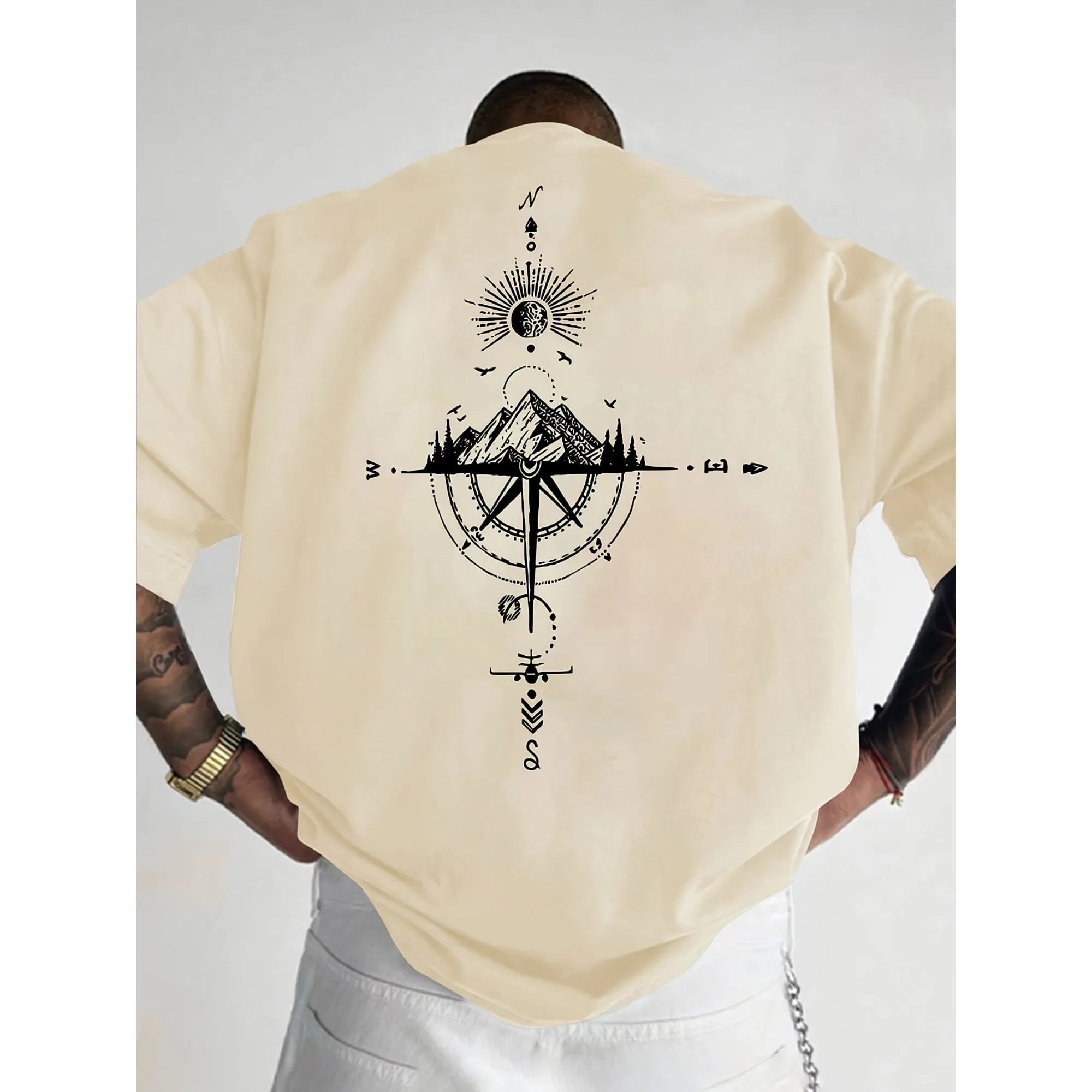 Men Women T-Shirt Compass Mountain Sun Adventure Graphic Tee Wanderlust Nature Streetwear Casual Cotton Short Sleeve Tops