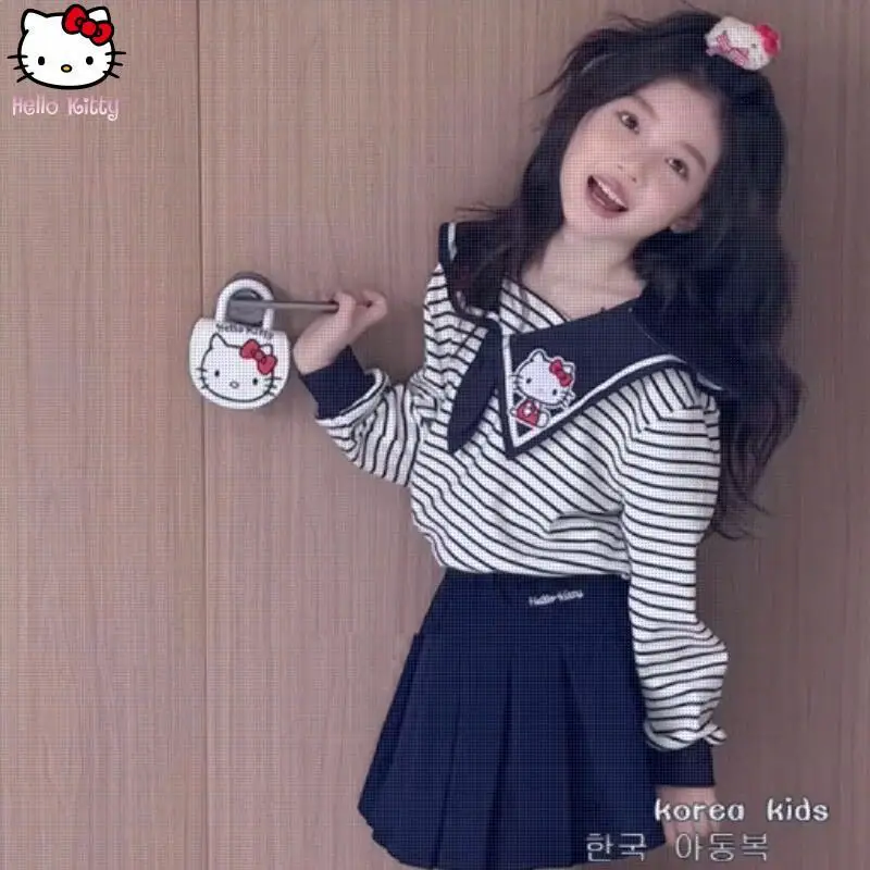 

Sanrio Hello Kitty, пуловер, спортивная юбка, комплект для девочек, темно-синий топ с воротником, топы для отдыха, весна-осень, кавайный стиль, модная толстовка