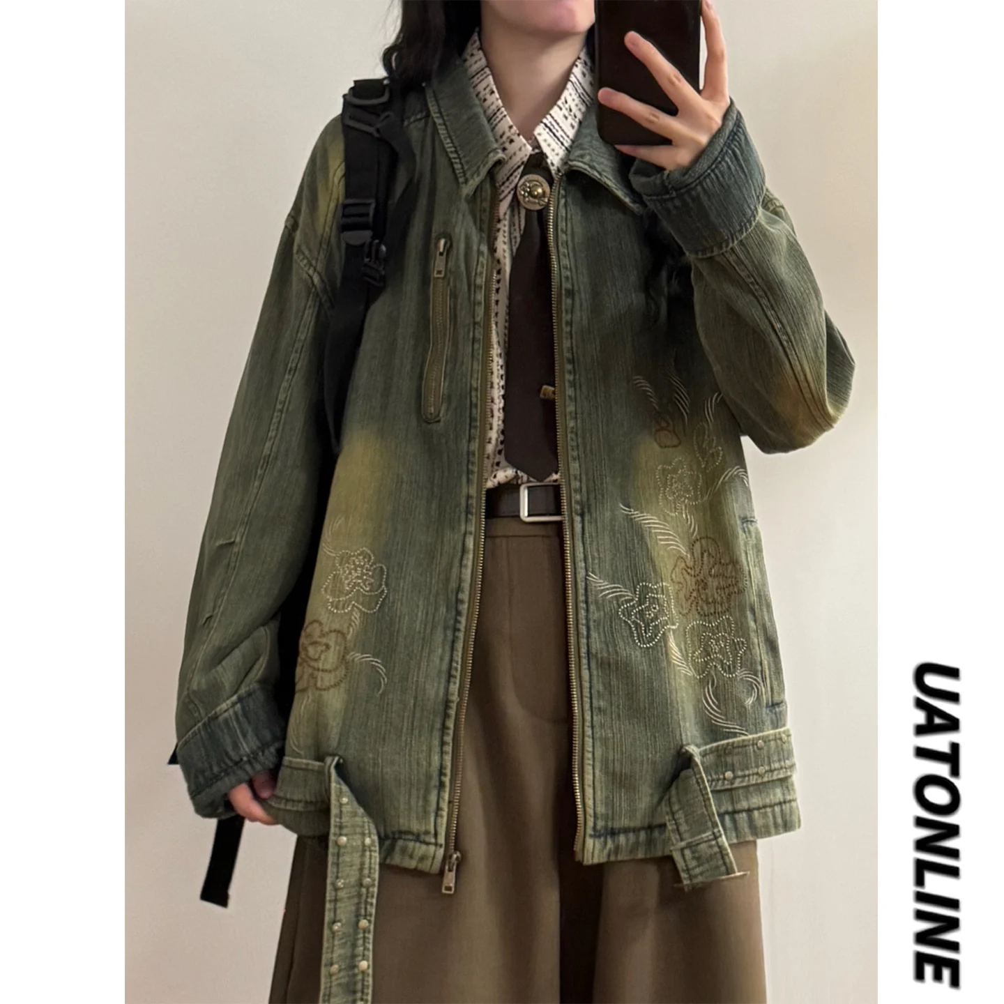 UATONLINE2026 Autumn Japanese Style Lightweight Distressed Denim Jacket Casual Versatile Waist Belted Long Sleeve Zipper Embr...