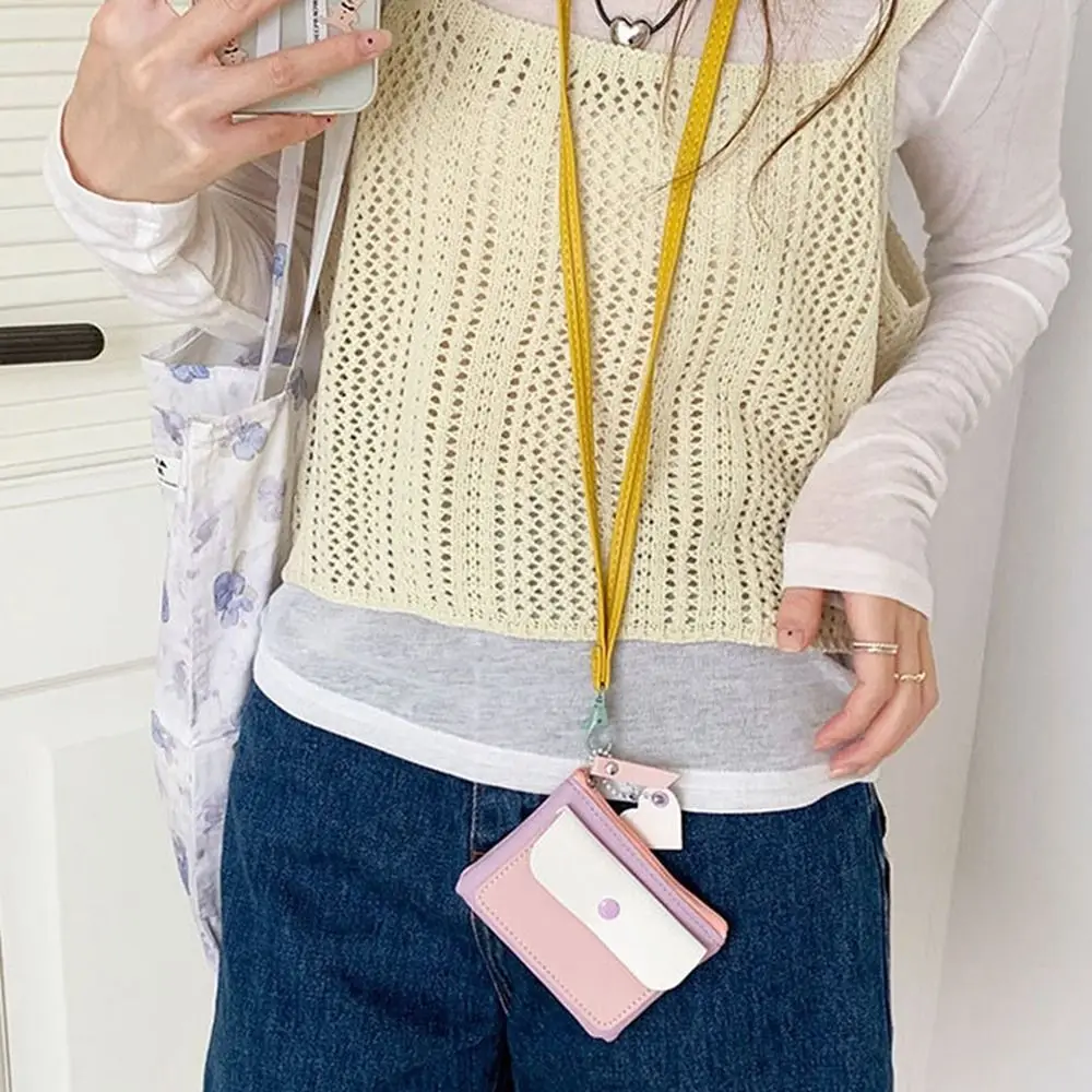 Simple Macaron Color Hanging Neck Wallet Keychains Lanyard Zipper Coin Purse Korean Style Mini Card Holder Travel