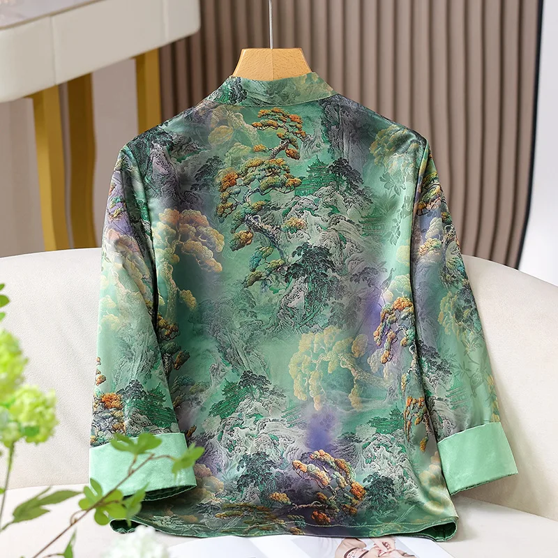 سترة هانفو جديدة لصيف وخريف 2025 بياقة الماندرين ملابس تانغ للنساء مطبوعة بأزرار للأسفل معطف تشيباو مقاس كبير 5Xl