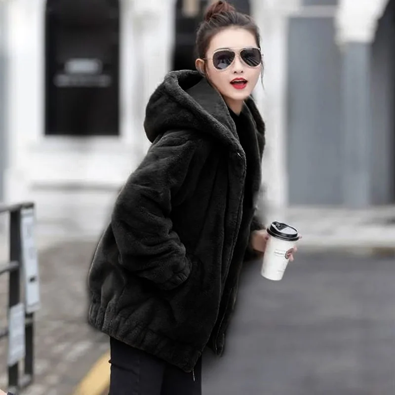 Winter Plus Velvet Warm Jacket Hooded Thicken Warm Korean Loose Faux Fur Coat Streetwear Long Sleeves Fashion Midi Outerwear