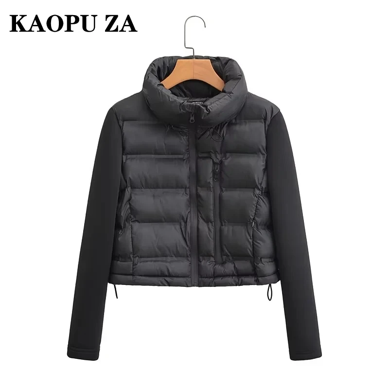 KAOPU ZA 2024 Fall/Winter New Women\'s Top Stand Collar Slim Fit Color-Block Short Black Long Sleeve Cotton Jacket Slimming