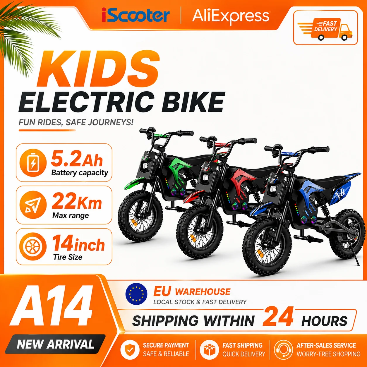IScooter A14 Elektrische Dirtbike voor Kinderen 500W 5.2Ah Elektrische Motorfiets 27km/u Max Snelheid 14inch Trail Riding Off-Road Motorfiets