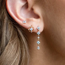 Simple Stainless Steel Blue Flower Stud Earrings For Wome Girls Gold-plated Zirconia Pendant Cartilage Earring Piercing Jewelry