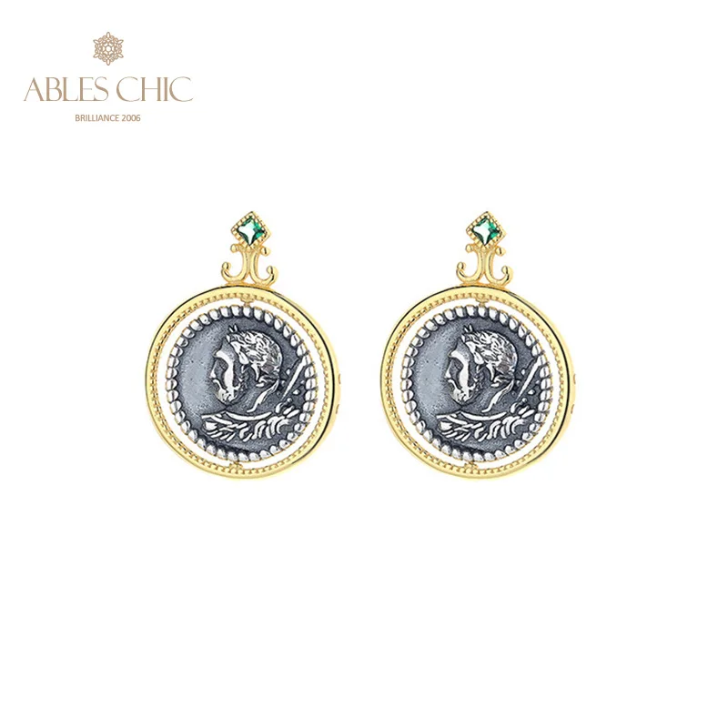 Rotating Greek Replica Silver Coins Studs Solid 925 Silver Roman Coin CZ Accent Earrings E1066