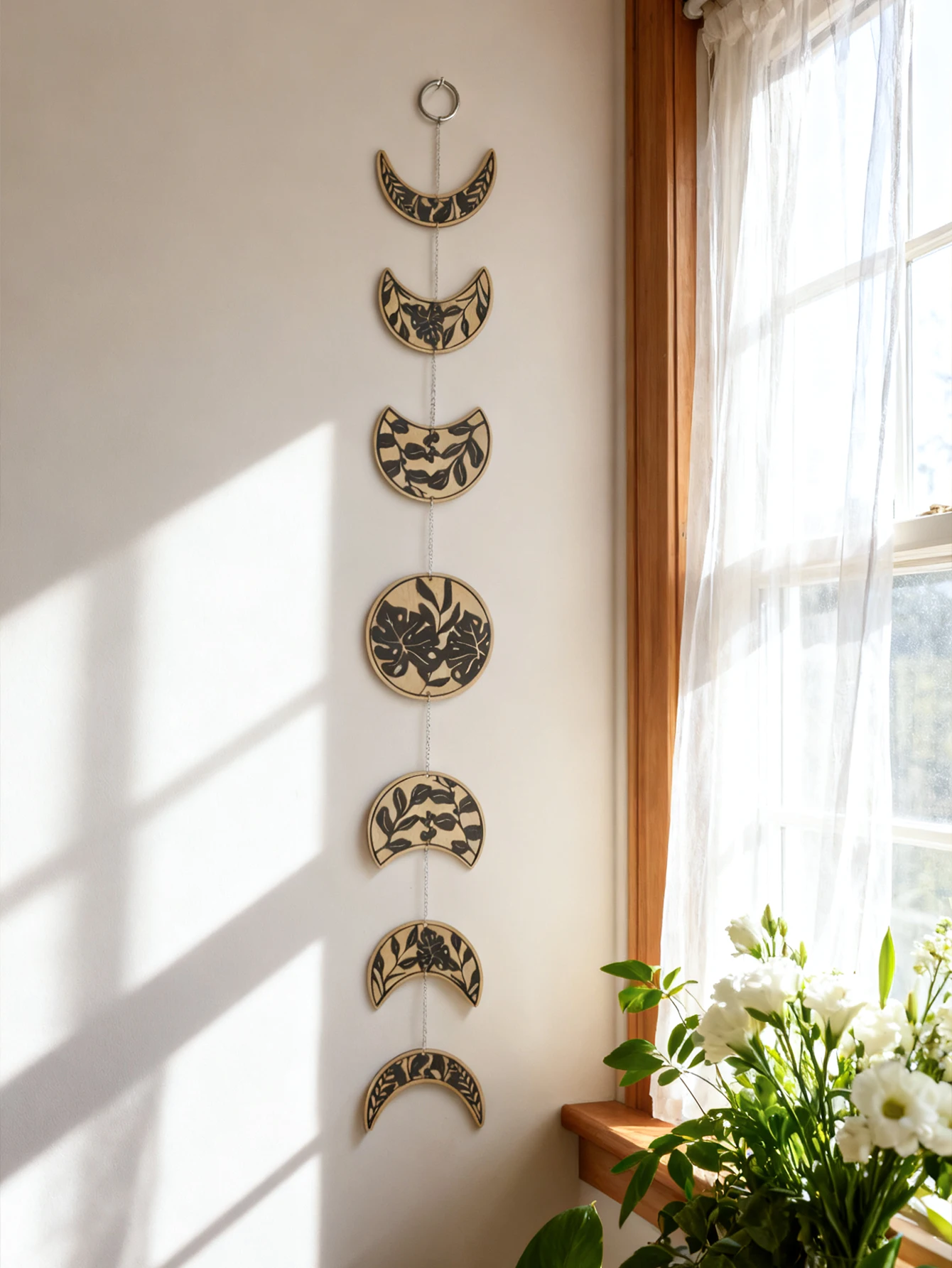 Decoración colgante de pared de fase lunar bohemia, adornos artísticos de ciclo lunar con patrón floral, decoración espiritual del hogar para regalo de sala de estar y dormitorio