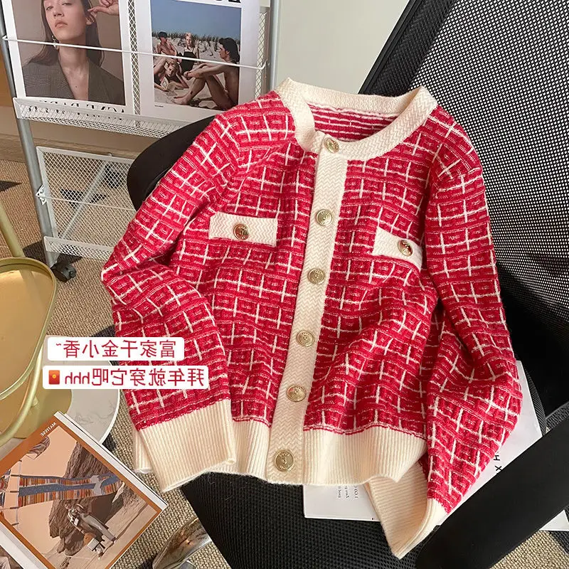 Winter Love Red Cardigans Sweater Female Design Sense Niche High -level Sense, Little Incense, New Year Knitted Sweater Tops