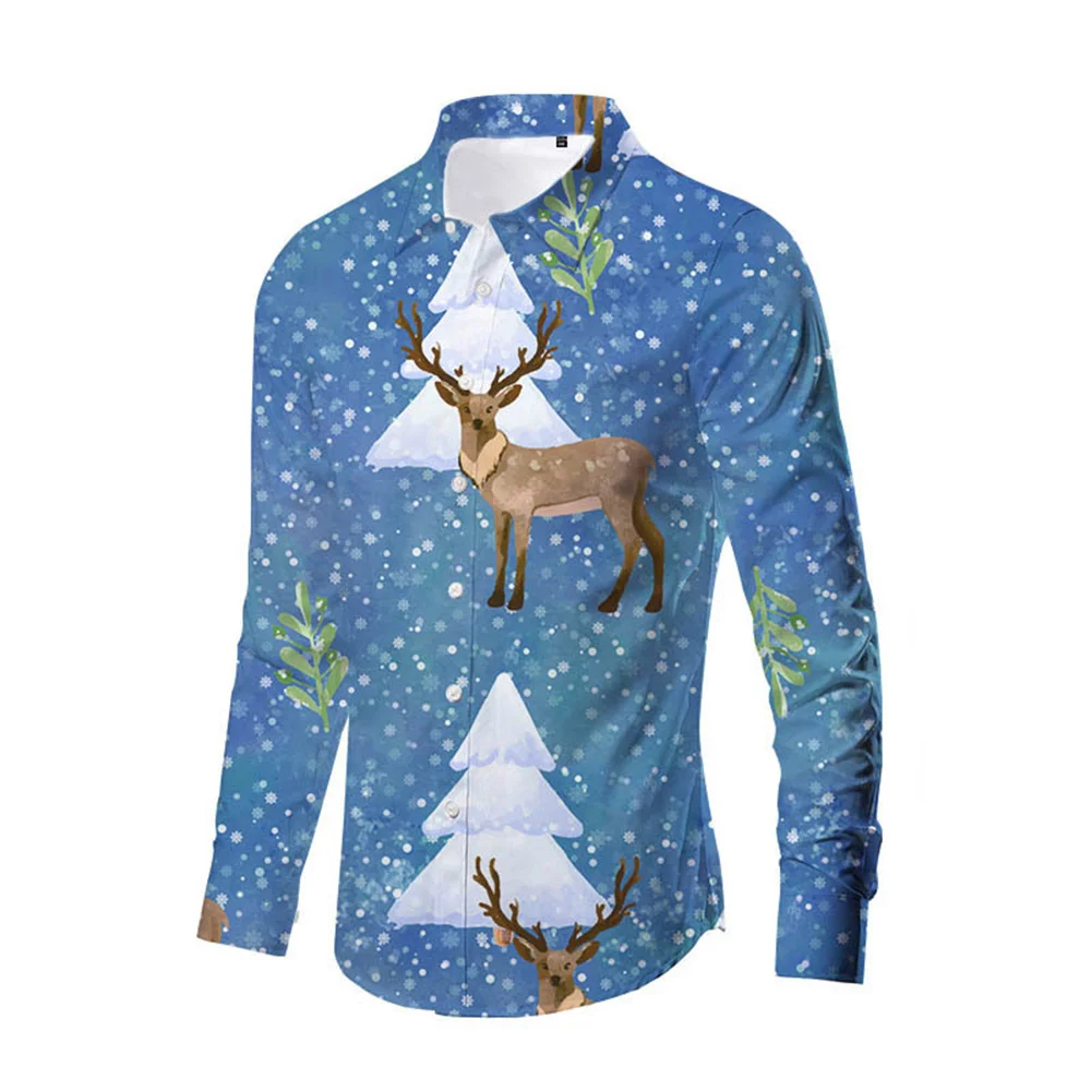 

2023 Men's Shirt Christmas Snowflake Elk HD Pattern Button Long sleeved Shirt Men's Party Comfortable Soft Top Plus Size S-6XL