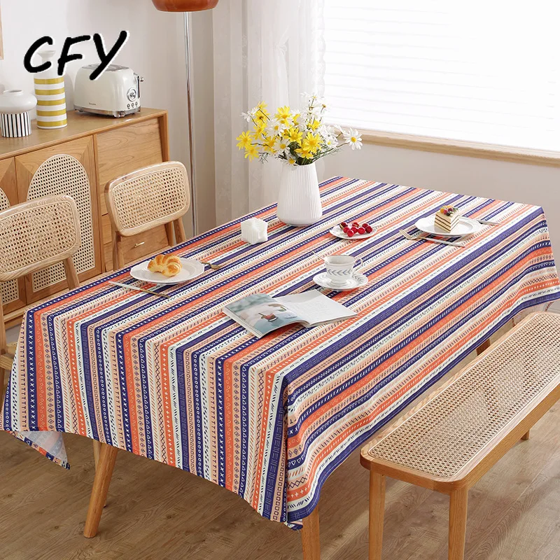 

American Style Pastoral Stripes Pattern Cotton Linen Rectangular Tablecloth Home Coffee Dining Table Fireplace Microwave Cover