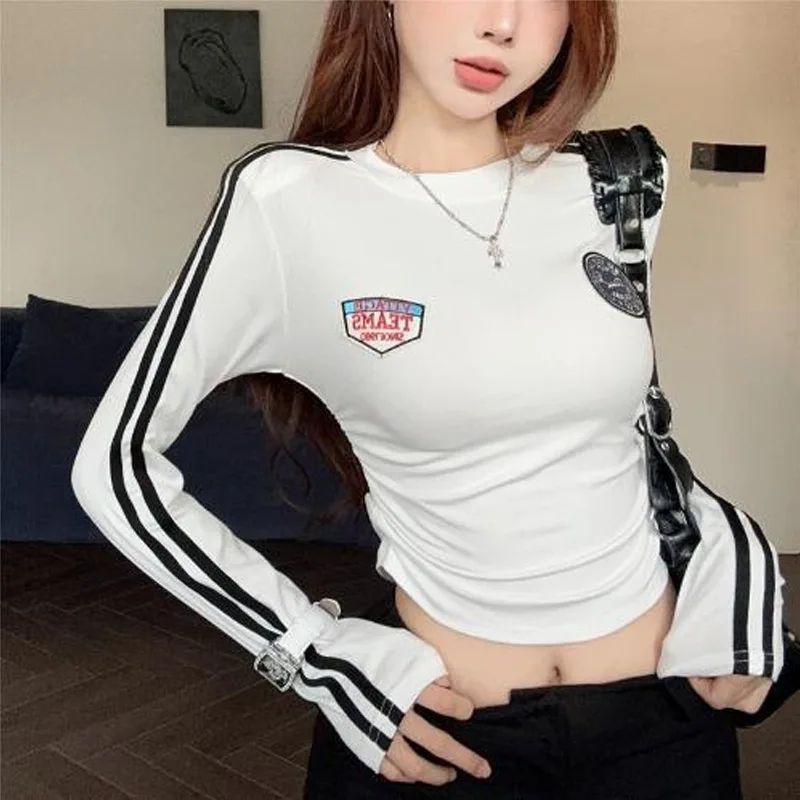 Vintage Slim Short T Shirts Spring New Long Sleeve Striped Patchwork Print All-match Sexy Tops Tees Fashion Y2K Women Clothing