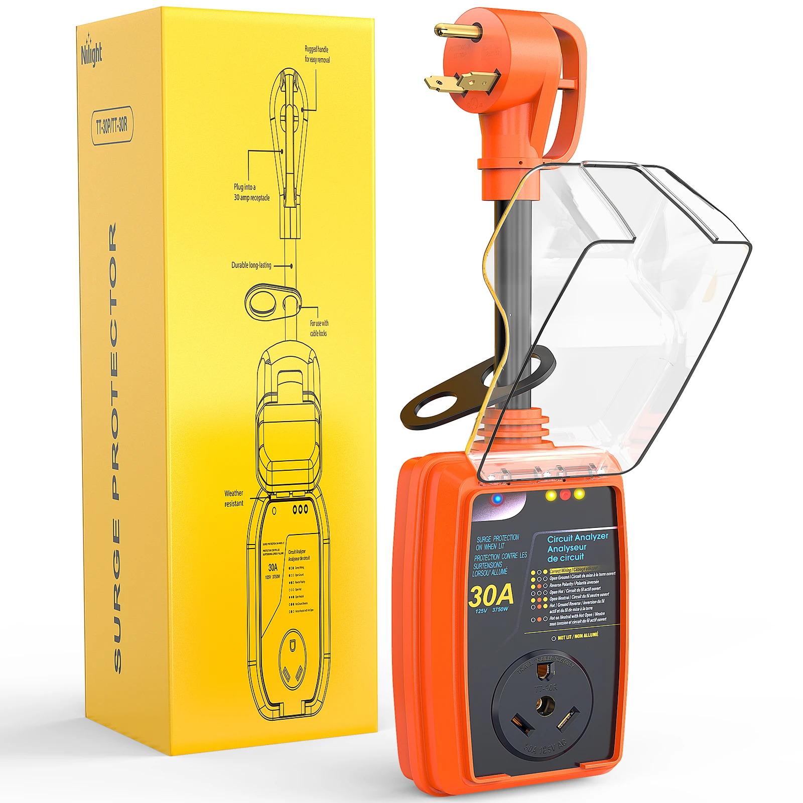 

Nilight 30Amp RV Surge Protector Circuit Analyzer 2100 Joules Voltage Monitor High Low Spikes 125V/3750W ETL Listed with Extension Cord for Camper Van