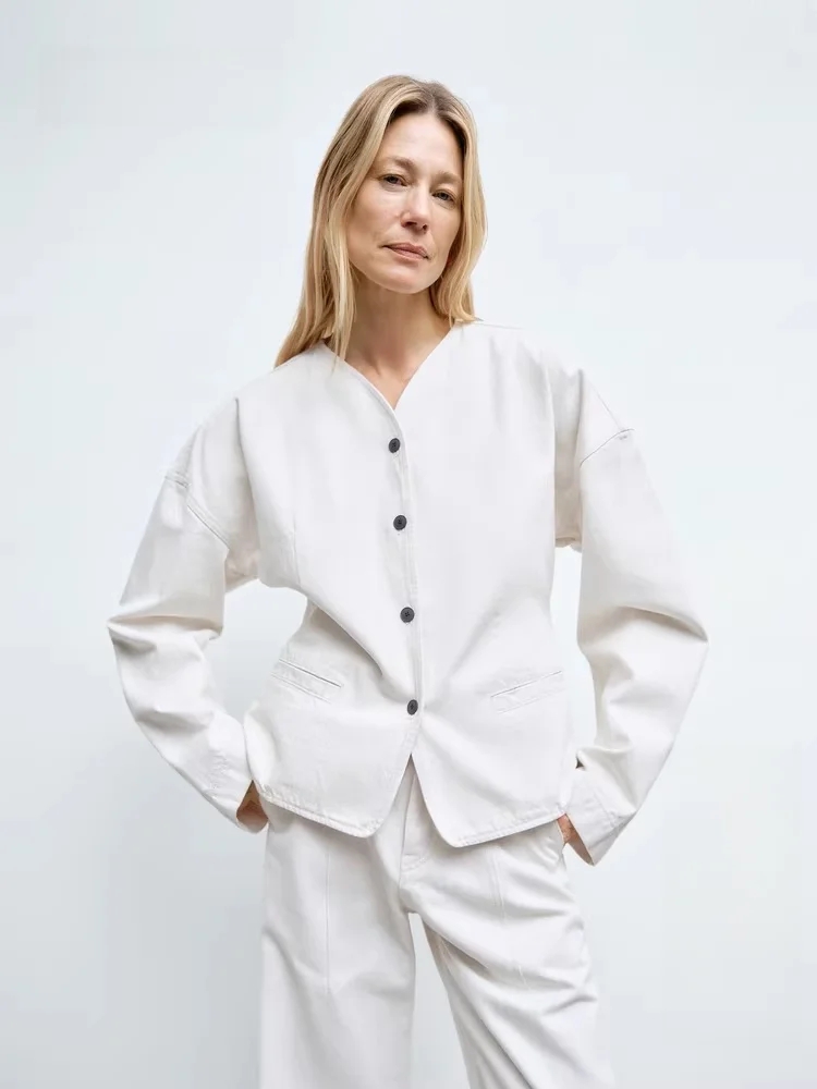 

Edition Women's Denim Jaet Spring 2025 New 3D Padded Waist Inward Design Cotton Long Sve V-Ne ort Coat Jaet