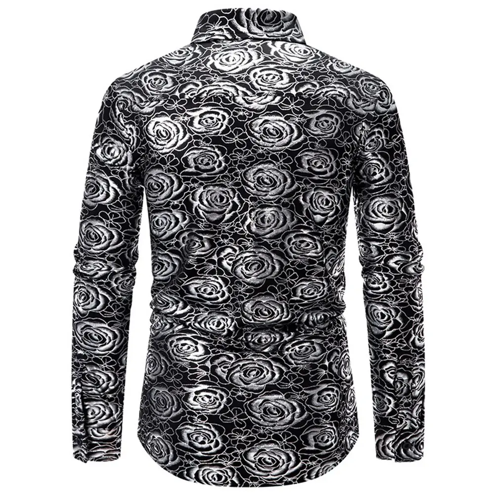 1x Men Spring Autumn Bronzing Floral Long Sleeve Shirts Fashion Business Party Top Dress Shirt Lapel