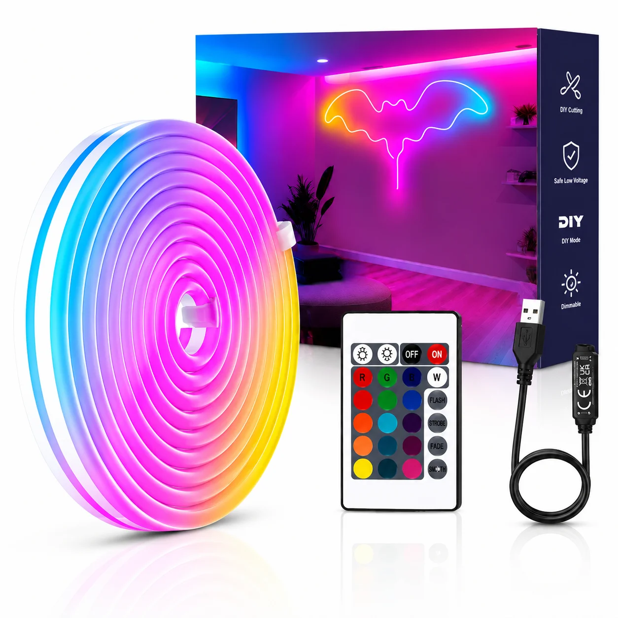 LTG-GEE RGB Neon LED Strip 1M-5M DIY USB Neon Strip 24Key Remote Control Flexible Ribbon for Home Decor Lighting